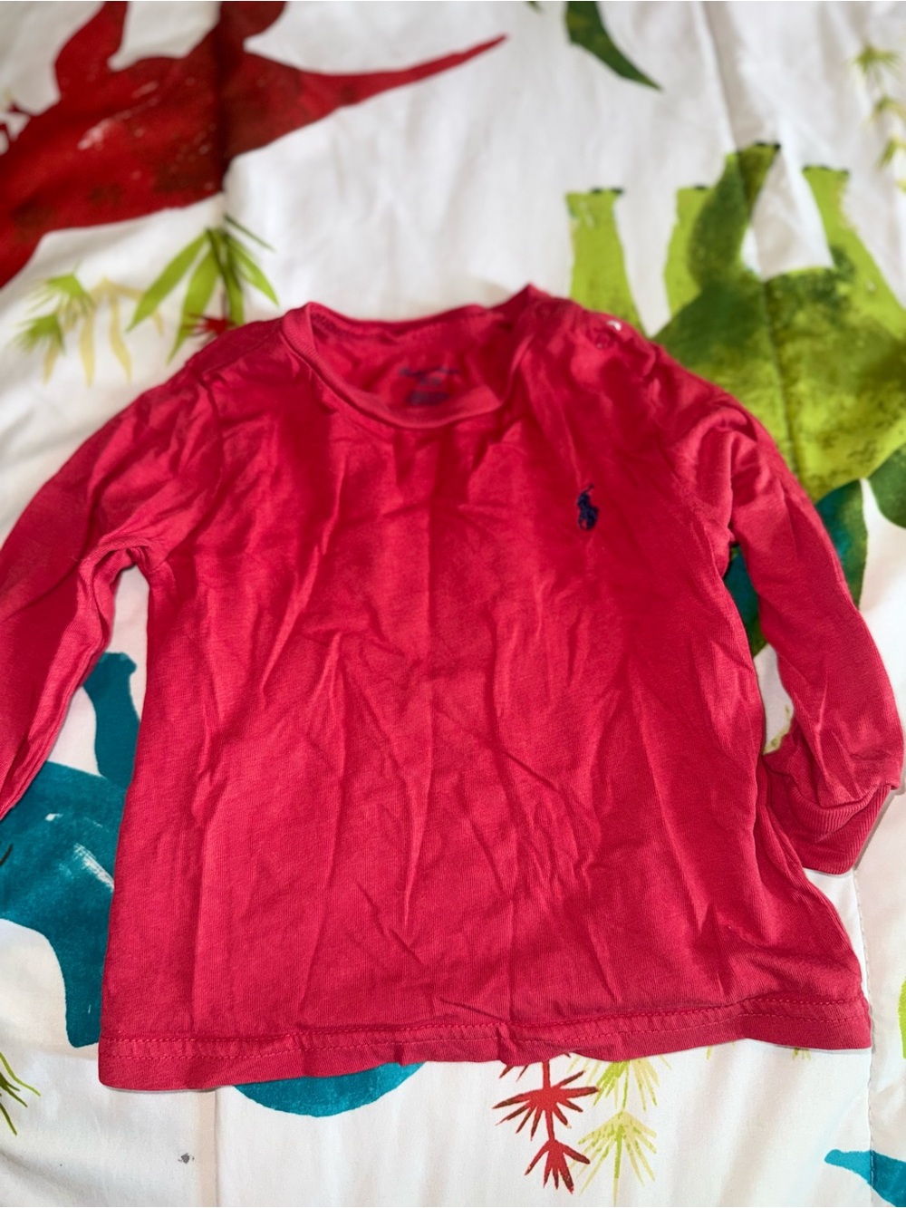 Ralph Lauren Bright Red Long Sleeve Kids Tee with Navy Logo
